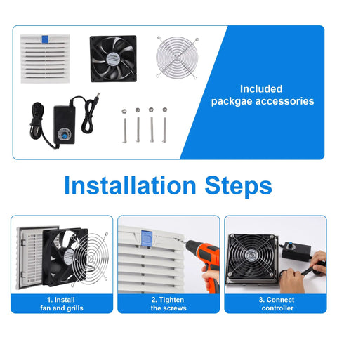 150X150Mm Cabinet Ventilator Kit With 120X25Mm Cooling Fan And Variable Speed Control installation accessories and steps
