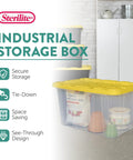 Tough As Nails 27 Gallon Plastic Storage Totes With Secure Locking Lids For Garage Organization 16 Pack Heavy Duty Stackable Bins, clear bins with yellow lids.