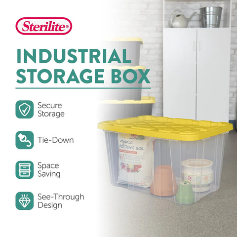 Tough As Nails 27 Gallon Plastic Storage Totes With Secure Locking Lids For Garage Organization 16 Pack Heavy Duty Stackable Bins, clear bins with yellow lids.