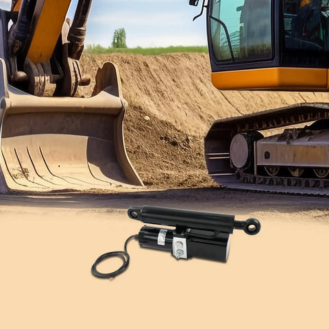 Heavy Duty 12V Linear Actuator Built Solid To Crush Heavy Loads Without Breaking A Sweat Featuring Fast Stroke Speed And Industrial Grade Steel For Any Rigged Up Project with excavator in background.