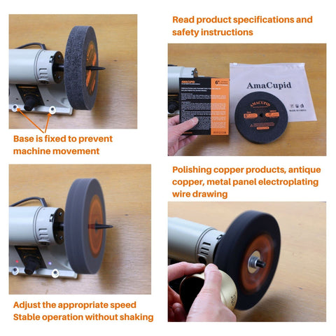 Collage showing 6 Inch Nylon Fiber Buffing Wheel 5P Hardness For Bench Grinder Polishing Copper Aluminum And Metal Like A Pro 180 Grit