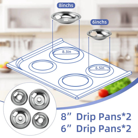 Diagram of Chrome Stove Burner Drip Pan Set For Electric Ranges Includes Two 6 Inch And Two 8 Inch Drip Bowls with dimensions shown