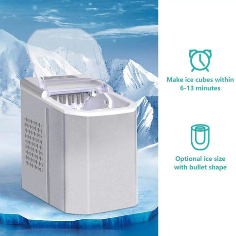 Portable Slick Countertop Ice Maker With Fast Bullet Ice Cubes Ready In Eight Minutes And 33 Pounds Daily For Kitchen Bar Or Game Room Chill Setup, showing clear ice maker unit.