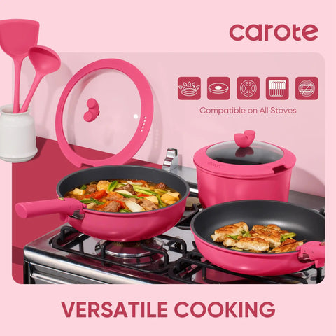 15 Piece Nonstick Pots And Pans Set With Detachable Handle For Induction Cooktop, Oven And Dishwasher Safe, pink cookware