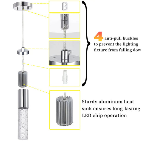 Diagram of Dope Polished Chrome Bubble Glass Mini Pendant Lights Set With Integrated LED features including anti-pull buckles.