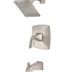 1-Handle Tub And Shower Trim Kit With Rainfall Showerhead In Brushed Nickel Finish, All-Metal Built To Last, shown in full set.