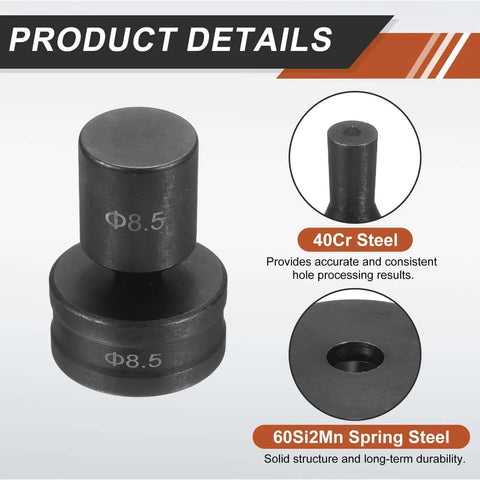 Heavy Duty Hydraulic Hole Punch Die Set 8.5mm Round Hole, 40Cr Steel Construction, Electric Punching Kit details with steel labels