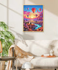 Hot Air Balloon Diamond Painting Kit For Beginners, 5D Sunset Landscape With Mountains And Lake framed on a wall.