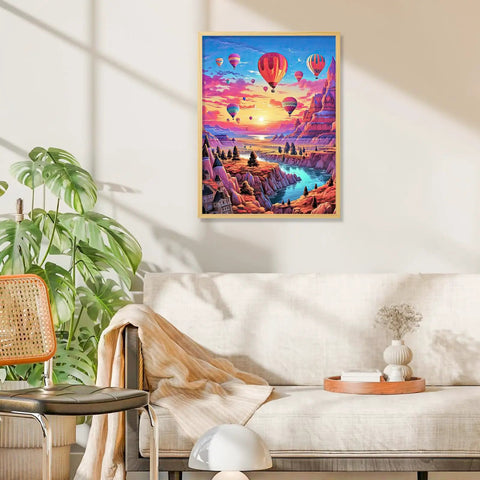 Hot Air Balloon Diamond Painting Kit For Beginners, 5D Sunset Landscape With Mountains And Lake framed on a wall.