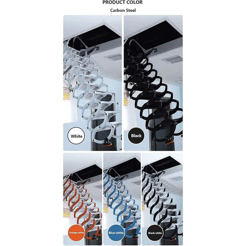 Electric Pull Down Attic Ladder With One Touch Remote Control Retractable Folding Ceiling Stair in various colors including black, white, and blue.