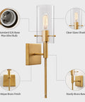 Set Of 2 Modern Indoor Wall Sconces In Antique Brass With Clear Glass Shade Dual Up Down Mount Sleek Wall Decor diagram