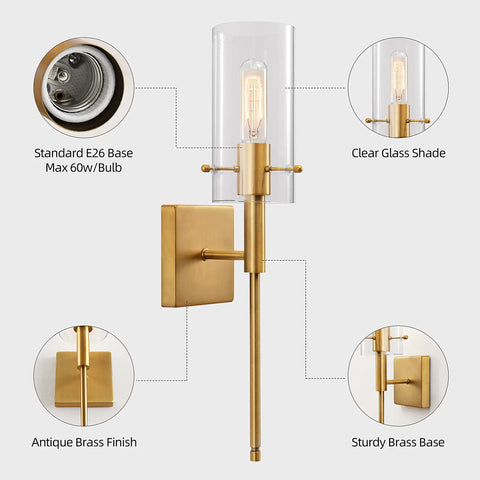 Set Of 2 Modern Indoor Wall Sconces In Antique Brass With Clear Glass Shade Dual Up Down Mount Sleek Wall Decor diagram