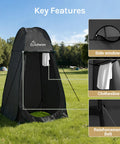 Pop Up Shower Tent For Camping with vent window and clothesline, black, shown outdoors.