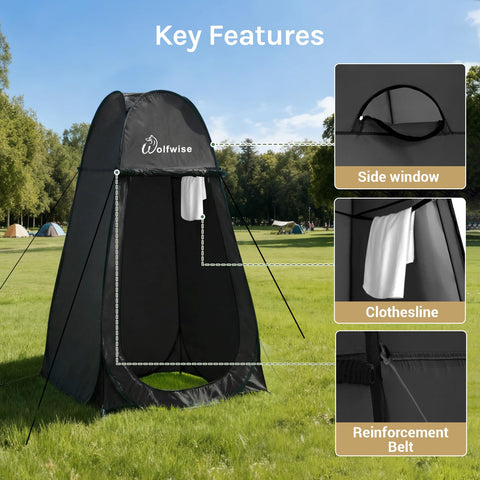 Pop Up Shower Tent For Camping with vent window and clothesline, black, shown outdoors.