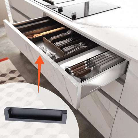 8 Piece Set Black Recessed Finger Pulls For Cabinets And Drawers Hidden Metal Closet Door Handles 5 Inch Inset Pulls in kitchen