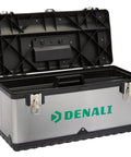 Beefy Heavy Duty Steel Tool Box With Metal Latches And Removable Inner Tray With Compartments For Home Garage Workshop Or Job Site 23.3 X 11.0 X 10.8 In Black Durable Storage Case Organizer, open lid showing inner compartments.