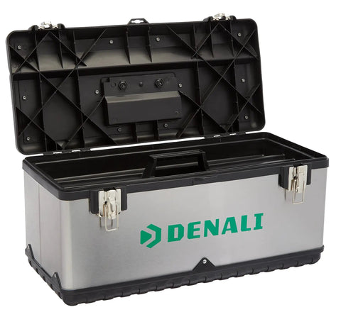 Beefy Heavy Duty Steel Tool Box With Metal Latches And Removable Inner Tray With Compartments For Home Garage Workshop Or Job Site 23.3 X 11.0 X 10.8 In Black Durable Storage Case Organizer, open lid showing inner compartments.