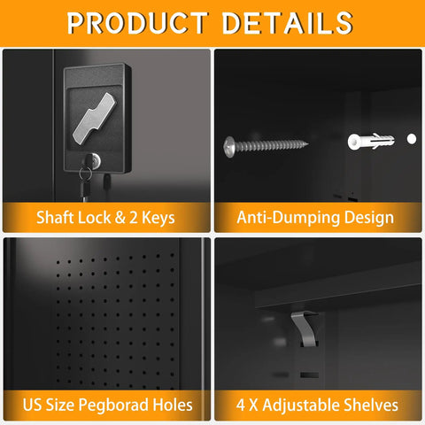 Tall And Wide Metal Storage Cabinet With Doors And Four Adjustable Shelves Beefy Heavy Duty Lockable Garage Cabinet On Wheels With Pegboard System For Office Gym Basement And Warehouse Black, pegboard and shelf details