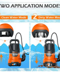 Two modes of 1HP Submersible Sump Pump For Clean And Dirty Water, 4500 GPH Electric Portable Water Transfer Pump shown.