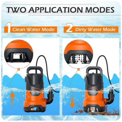 Two modes of 1HP Submersible Sump Pump For Clean And Dirty Water, 4500 GPH Electric Portable Water Transfer Pump shown.
