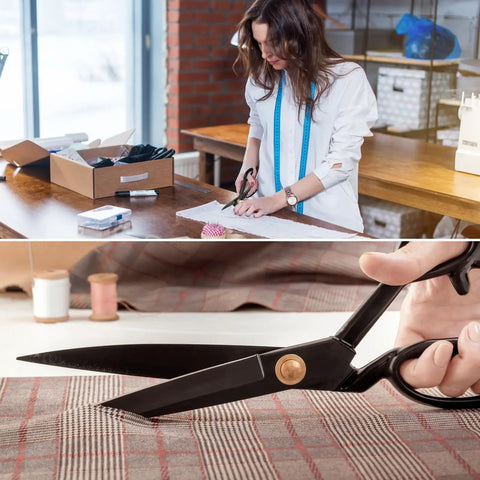 Dressmaker using Heavy Duty 8 Inch Fabric Scissors For Thick Materials And Leather, Pro Grade Sewing Shears, cutting fabric on table