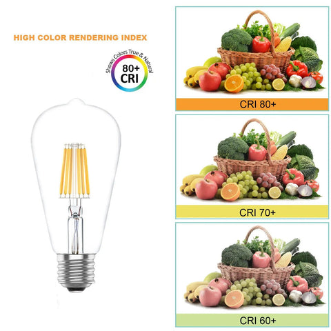 Vintage Edison Filament LED Bulbs For E26 Base 6W 60 Watt Equivalent Soft White 2700K Two Pack CRI comparison with fruits