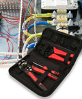 Premium Carbon Steel Wire Crimping And Stripping Pliers Set With Five Interchangeable Heads in action on electrical wiring