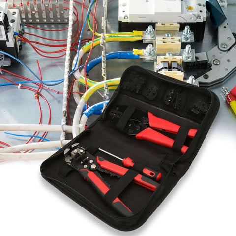 Premium Carbon Steel Wire Crimping And Stripping Pliers Set With Five Interchangeable Heads in action on electrical wiring