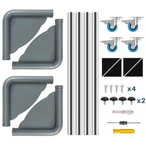 Adjustable Mobile Roller Stands For Mini Fridge And Washing Machine Telescopic Universal Base Dolly parts including wheels, rods, and connectors.
