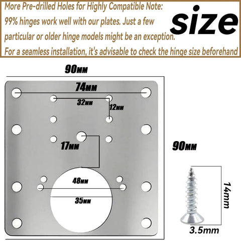 Diagram showing dimensions of 316 Stainless Steel Cabinet Hinge Repair Plates 6 Pack with included screw size details.