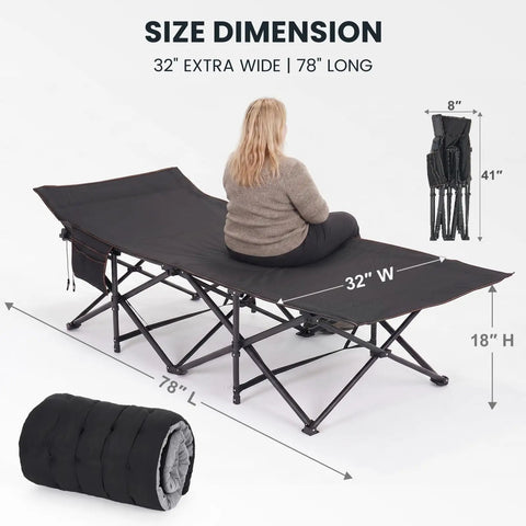 Oversized XXL Folding Camping Cot with Carry Bag, showing dimensions 78"L x 32"W x 18"H, suitable for home, office, and outdoor use.