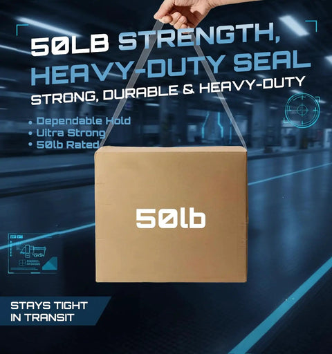 Heavy Duty Packing Tape Refills 12 Pack, 2.7 Mil Clear Packaging Tape securing 50lb box in transit
