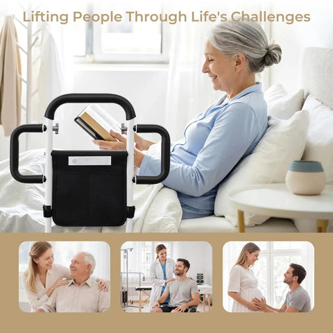 Senior using Heavy Duty Bed Rail For Seniors With Motion Sensor Light And Triple Non Slip Handles 400 Lb Capacity ASTM Certified