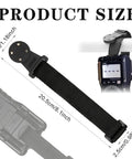 Magnetic Hanging Strap Kit for Digital Multimeters, showing black nylon strap with dimensions and through-hole mount, installed view.