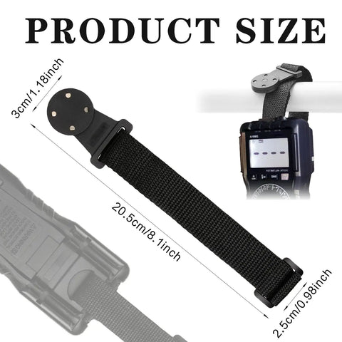 Magnetic Hanging Strap Kit for Digital Multimeters, showing black nylon strap with dimensions and through-hole mount, installed view.