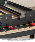 Close-up of Rout N Plane Bench Top Board Mill XL Router Sled, showing adjustable settings for flattening up to 24 inches wide.