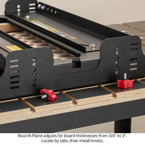 Close-up of Rout N Plane Bench Top Board Mill XL Router Sled, showing adjustable settings for flattening up to 24 inches wide.