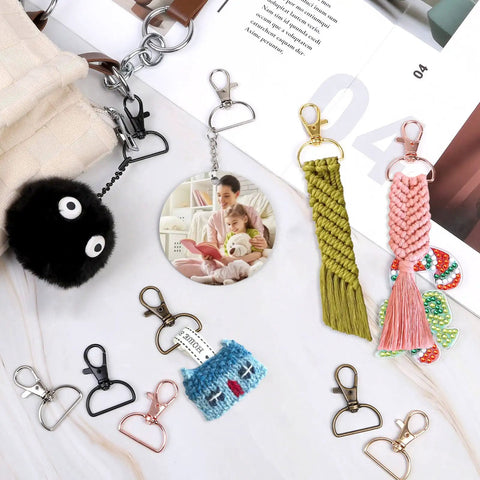 80 Pack Hella Durable Swivel Clasp Hooks Key Chain Clips With Secure D Ring Lanyard Hardware Solid Zinc Alloy Keychain Findings assorted colors displayed with crafts.