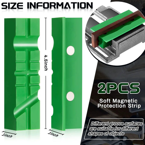 Three Inch Drill Press Vise Set With Magnetic Pads Heavy Duty Metal Workbench Clamp showing green magnetic pads with grooves