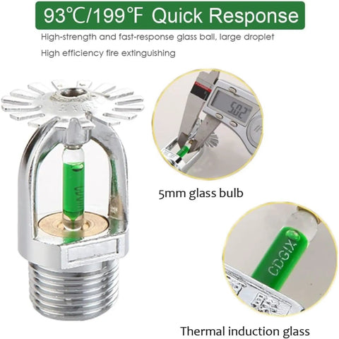 Slick Built Six Pack Pendant Fire Sprinkler Heads Featuring 199 F Green Glass Bulbs With Solid Nickel Half Inch Threads For A Hassle Free Install And Rock Solid Performance In Any Space. Close-up of 199F sprinkler head with green glass bulb and nickel thread.