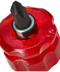 Close-up of Micro Stubby Reversible Screwdriver With Double Ended Phillips 2 And Slotted Bit 42mm, red handle, Japan made.