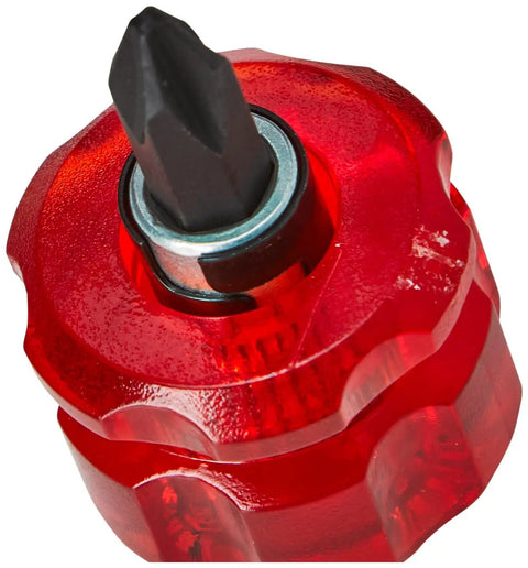 Close-up of Micro Stubby Reversible Screwdriver With Double Ended Phillips 2 And Slotted Bit 42mm, red handle, Japan made.