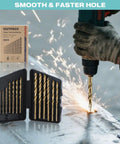 Pro Grade M35 Cobalt Drill Bit Set 13 Piece For Stainless Steel And Hard Metals With Indexed Carry Case Includes Sizes From One Sixteenth Inch To One Quarter Inch And 135 Degree Split Point For Fast Precise Drilling Eastpace used on metal surface