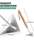 Triangle Hand Hoe With Short Wood Handle For Easy Weeding And Edging A Durable Stainless Steel Winged Weeder Garden Tool with dimensions.