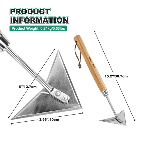 Triangle Hand Hoe With Short Wood Handle For Easy Weeding And Edging A Durable Stainless Steel Winged Weeder Garden Tool with dimensions.