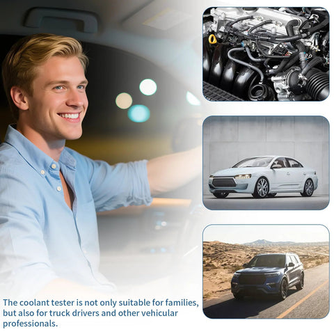 KINGTAIXIN coolant tester accessory shown with engine-bay close-up, white sedan, and desert SUV collage.