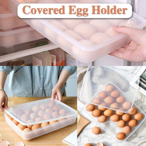 Two Pack Covered Egg Holder Set Clear Stackable Egg Trays For Refrigerator Each Tray Holds 24 Eggs Total 48 Eggs Durable Plastic Storage Keeps Eggs Fresh And Organized For Deviled Eggs And Meal Prep