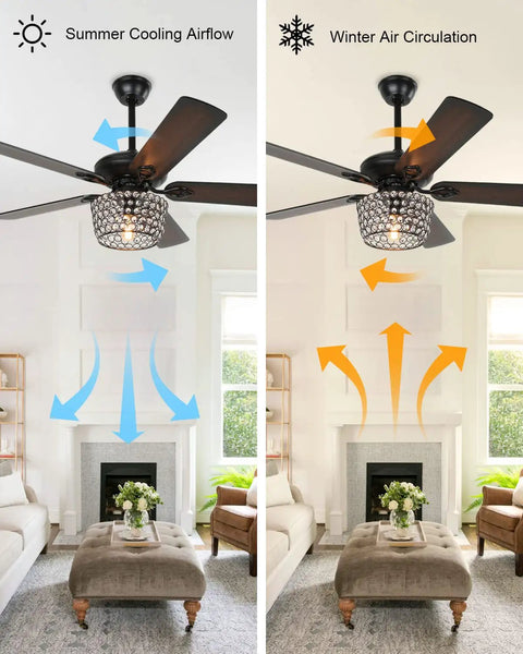 Rad Retro Style Ceiling Fan With Lights And Diamond Crystal Lampshade, Five Blade Rustic Wood Finish in living room with airflow directions