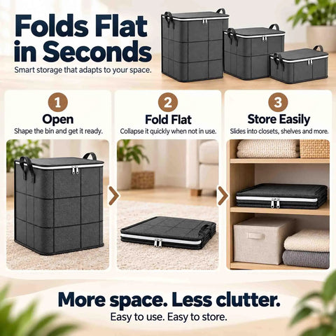 Rock Solid Heavy Duty Foldable Storage Cubes With Secure Snap Lids And Reinforced Carry Handles For Super Roomy Home Organization and Bulky Linen Transport Gear, showing folding and storage process.