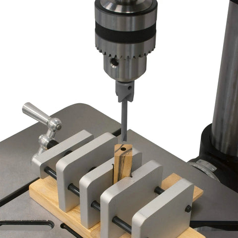 Pen Turning Barrel Mill Trimmer And Cleaner Pro Kit With Three Quarter Inch Cutting Head setup on drill press for DIY pen making.